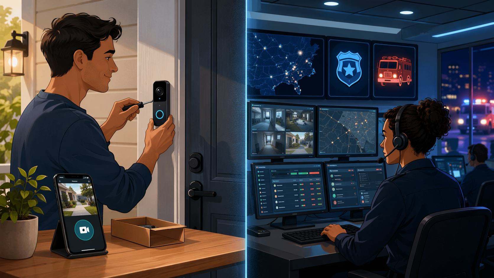A split editorial illustration: left side shows a person installing a video doorbell with a smartphone nearby, conveying DIY ease and control; right side shows a professional monitoring center with screens and a headset operator, conveying 24/7 emergency dispatch.
