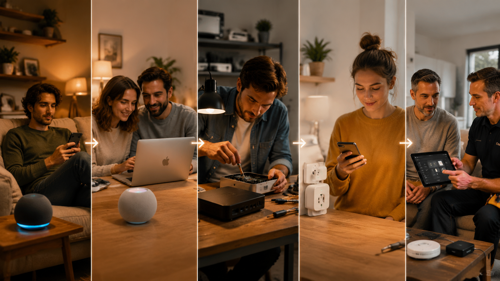Different household profiles choosing smart home systems, from casual voice users to professional whole-home clients