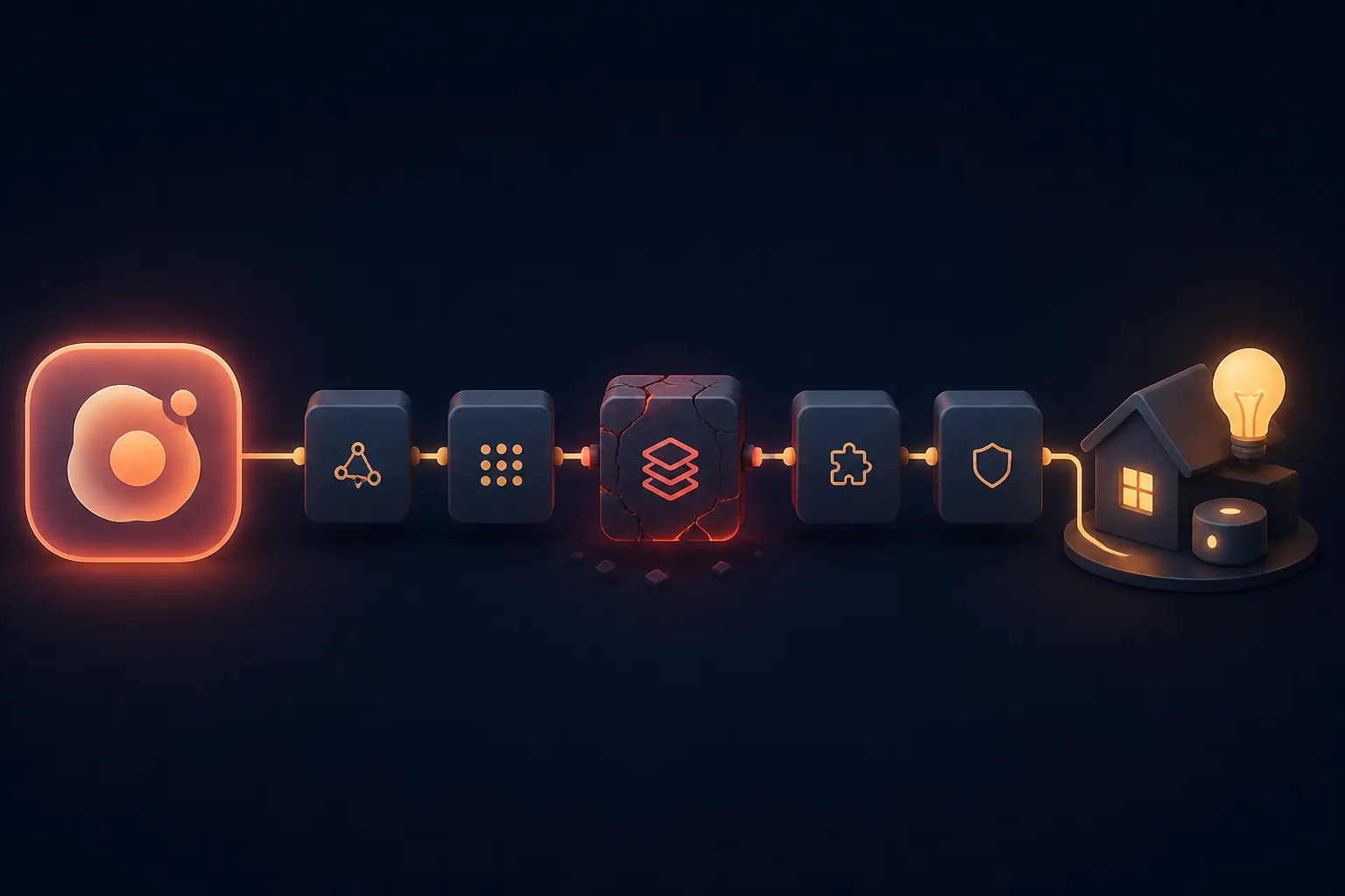 AI assistant connected through several smart-home layers with one cracked middle layer