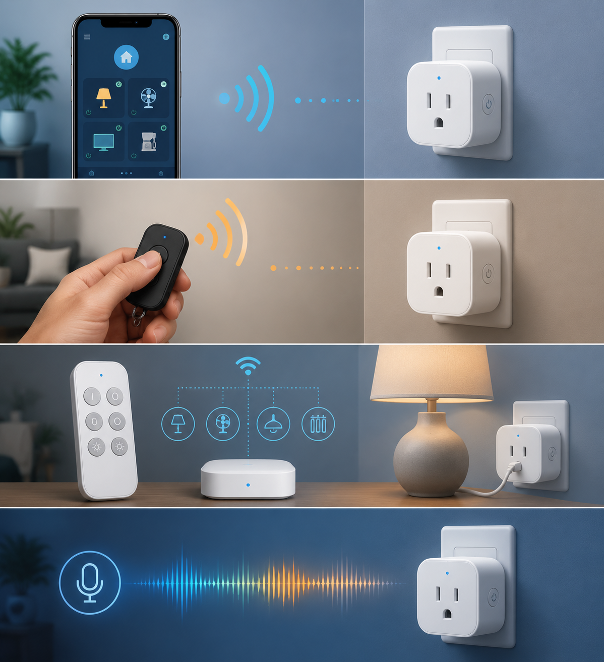 Four smart plug control methods shown as app, RF remote, dedicated remote with hub expansion, and voice control