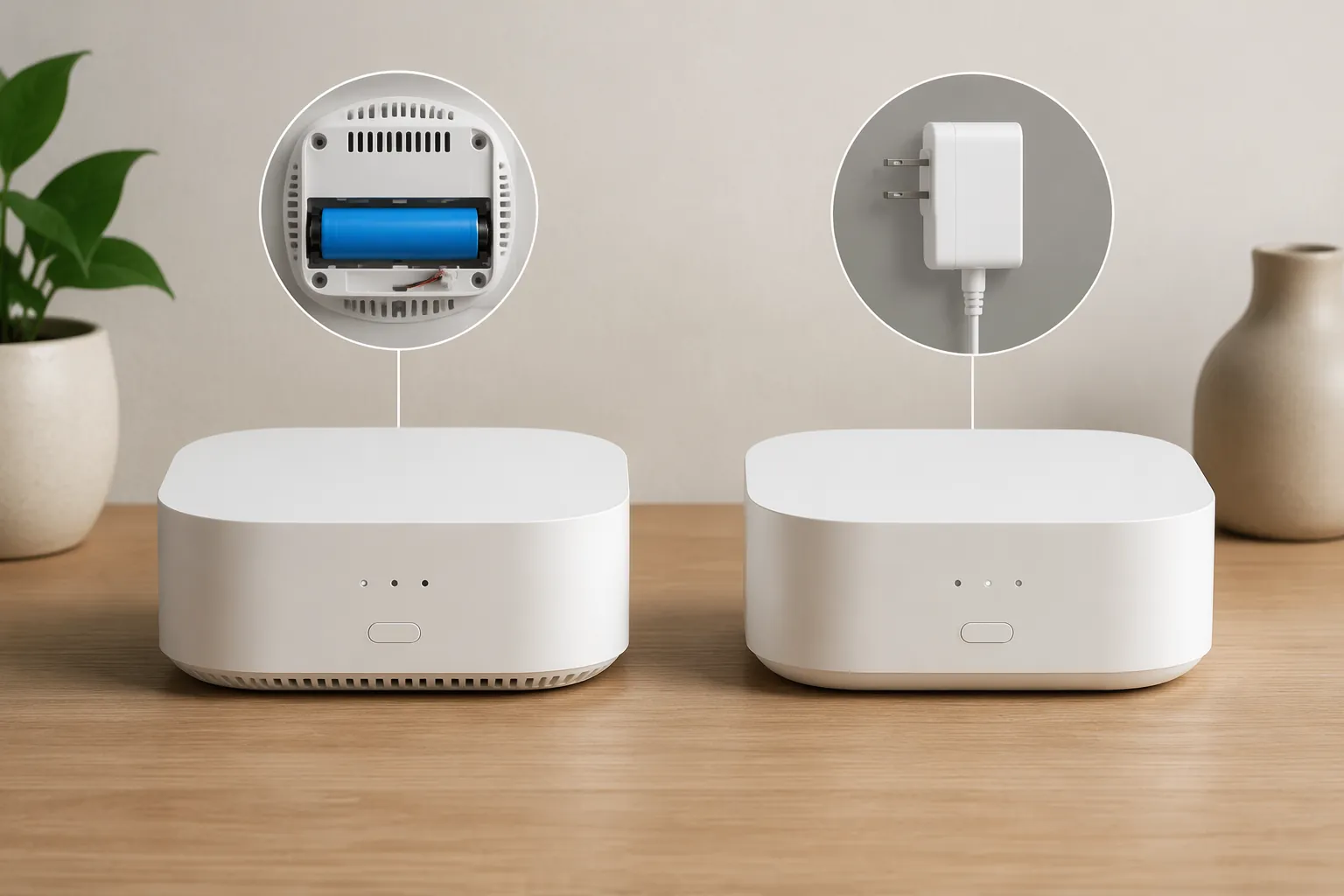 Two smart home hubs showing an older model with battery backup and a newer AC-only model