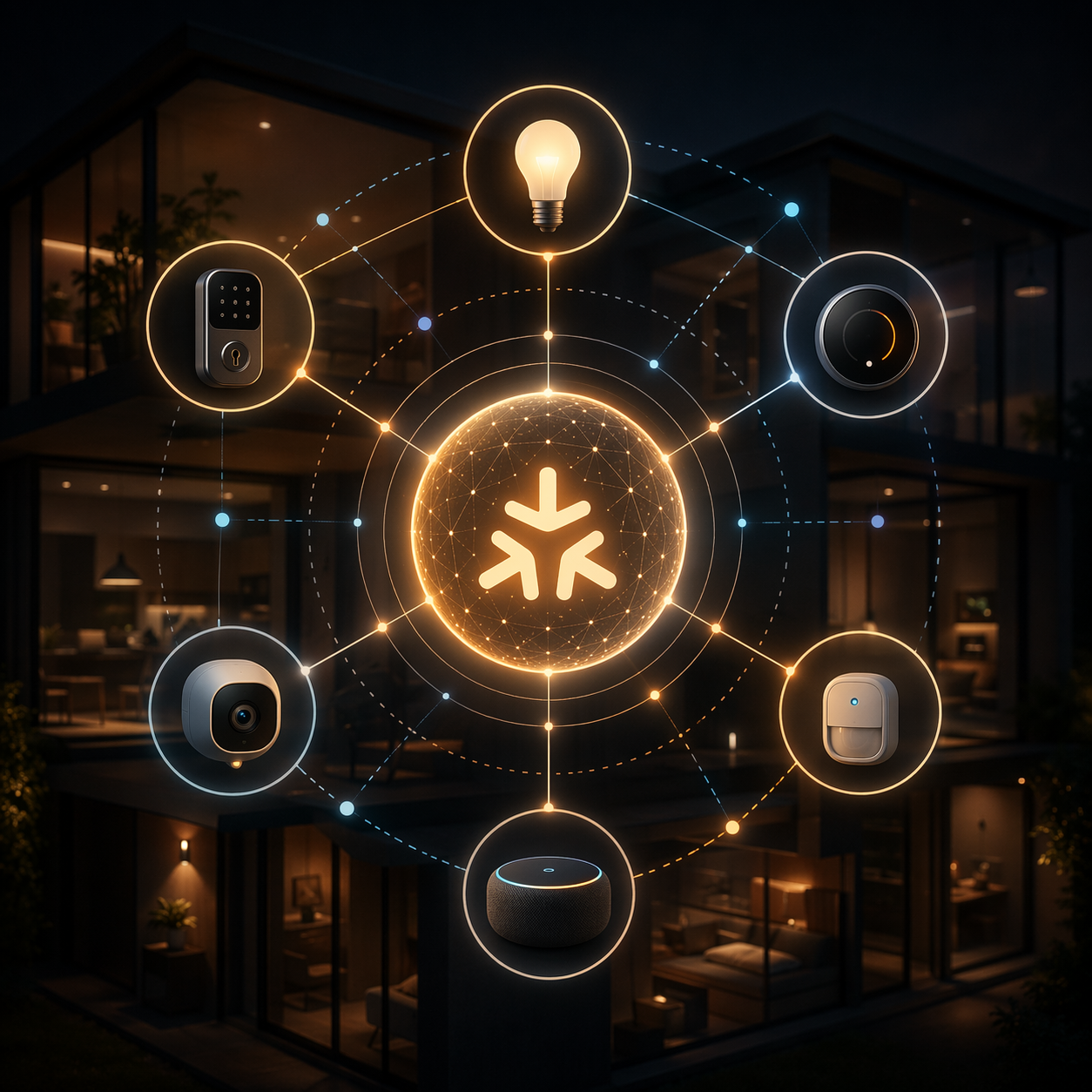 Matter smart home standard hub surrounded by connected device icons with some incomplete links