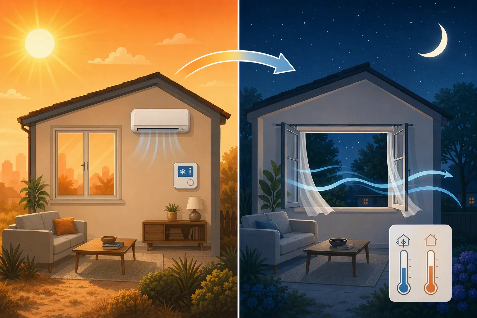 Free-cooling timing with closed windows during hot daytime AC use and open windows when outdoor air is cooler