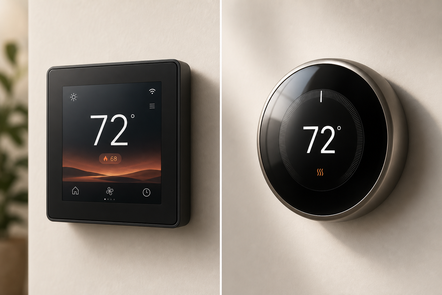 Side-by-side comparison of a square black touchscreen thermostat and a round domed glass thermostat mounted on a neutral wall.
