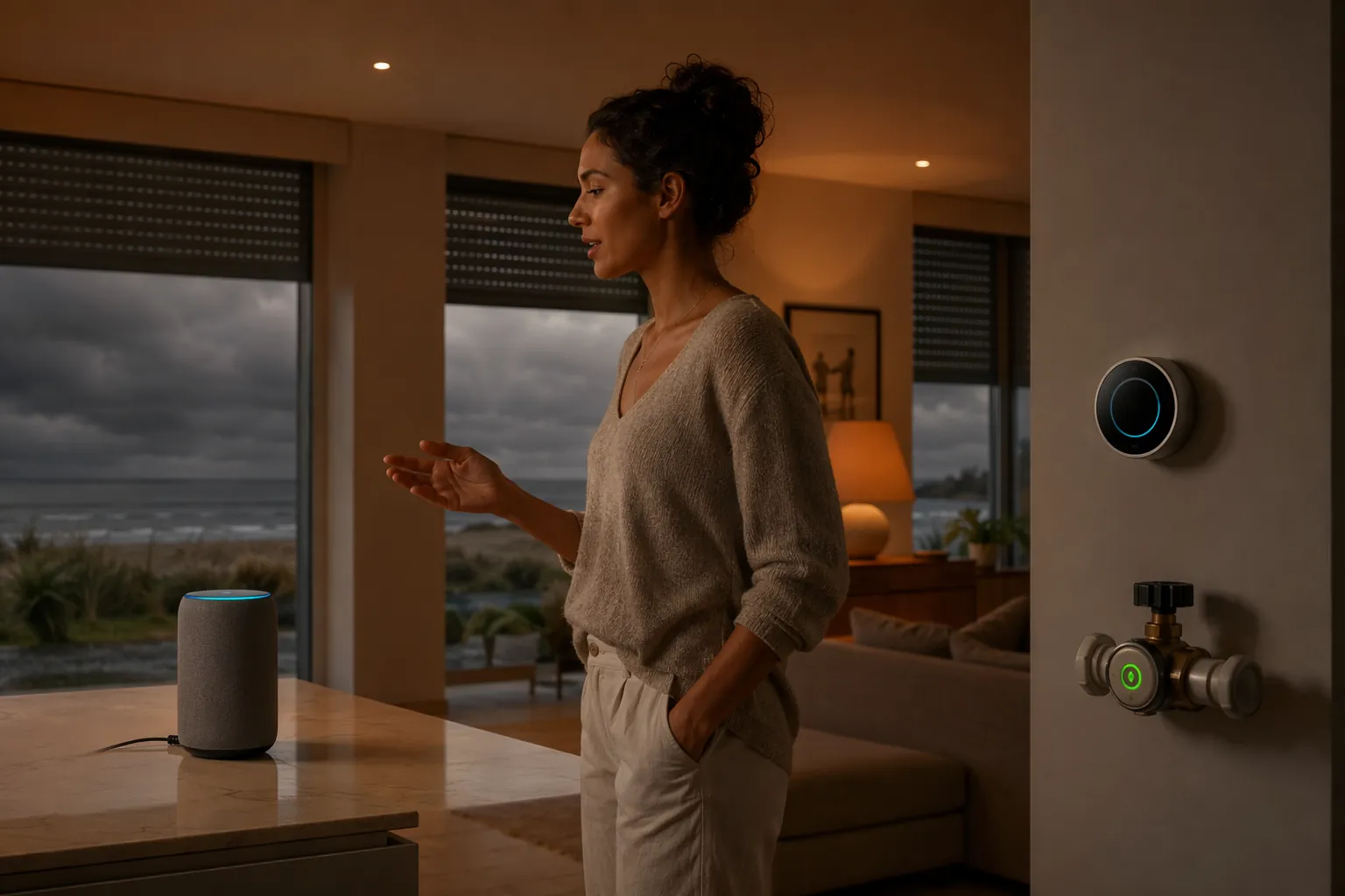 Coastal living room with a smart speaker, closing shutters, thermostat change, closed water shutoff indicator, and dim storm lighting