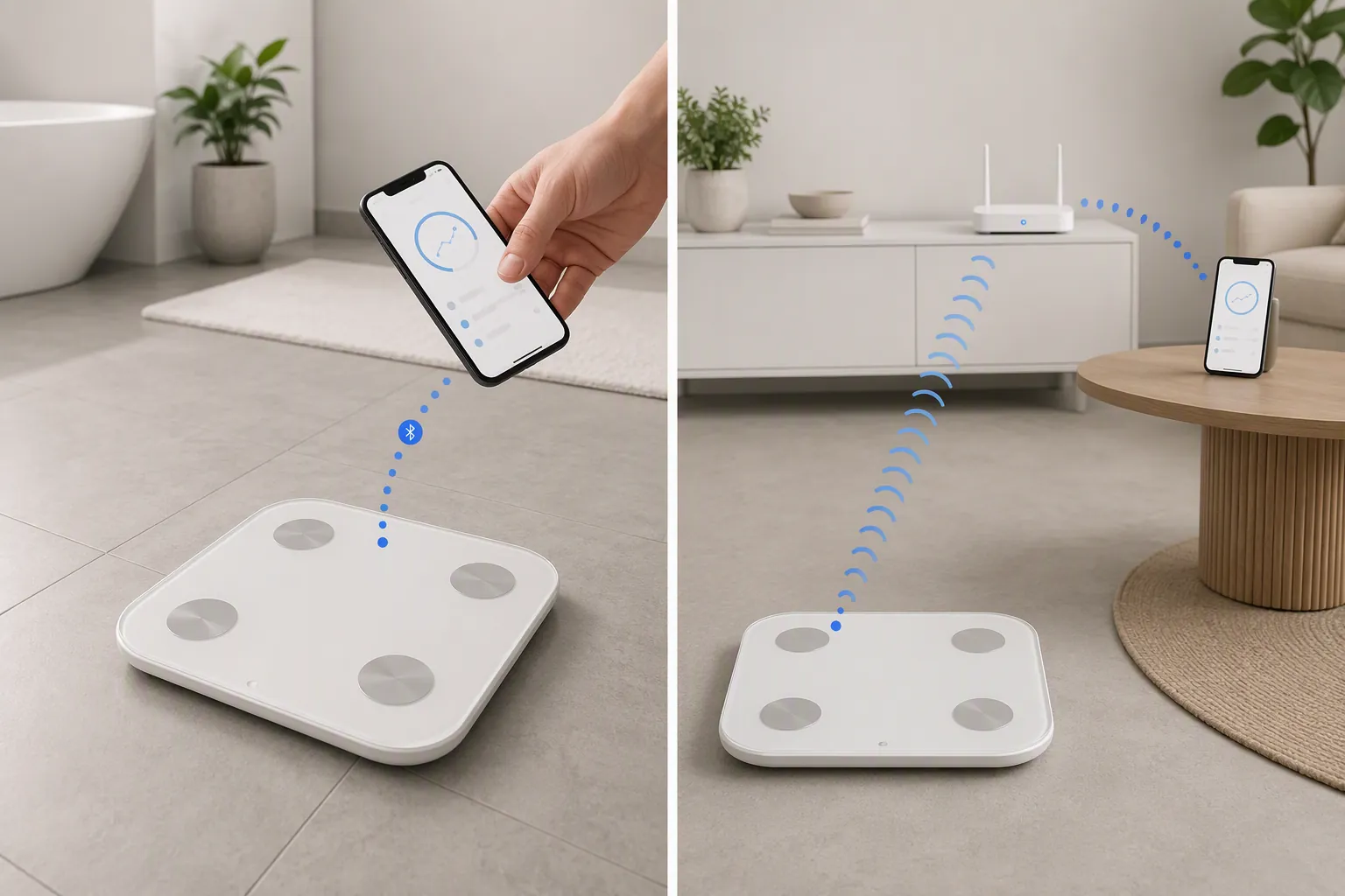 Comparison of a Bluetooth smart scale needing a nearby phone and a Wi-Fi smart scale syncing through a router