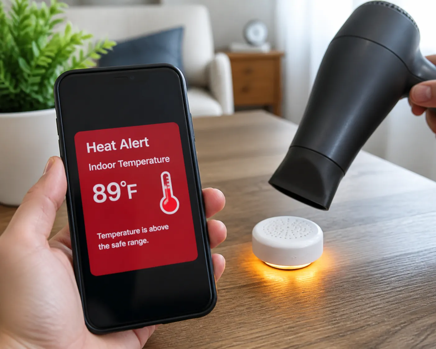 Caregiver phone receiving a red heat alert notification while a temperature sensor is warmed during a setup test