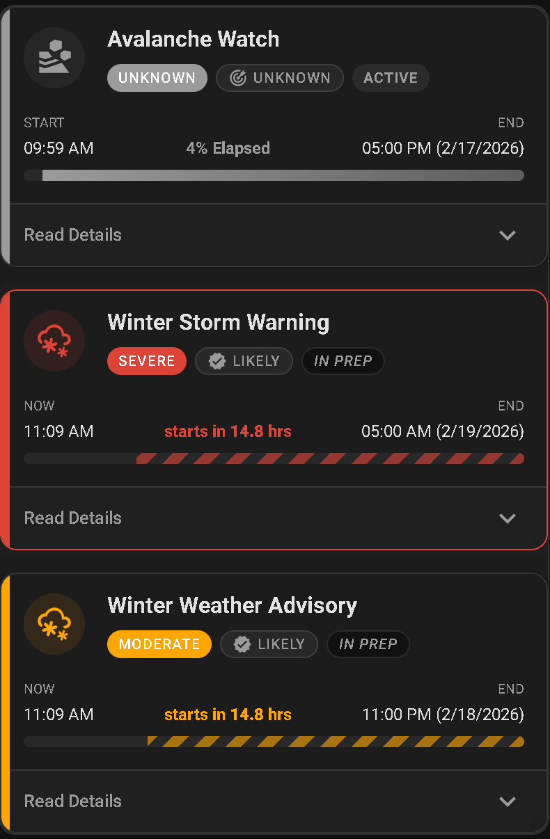 Home Assistant dashboard card showing NWS Alerts severity, headline, description, and active alert status