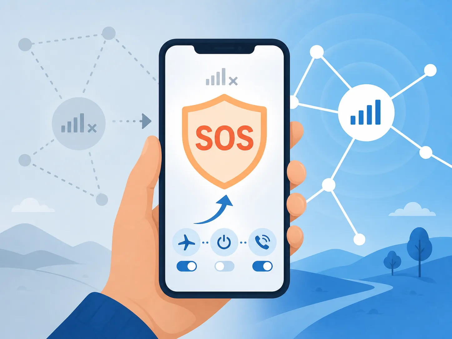 A smartphone showing an SOS symbol with network dots reconnecting around it
