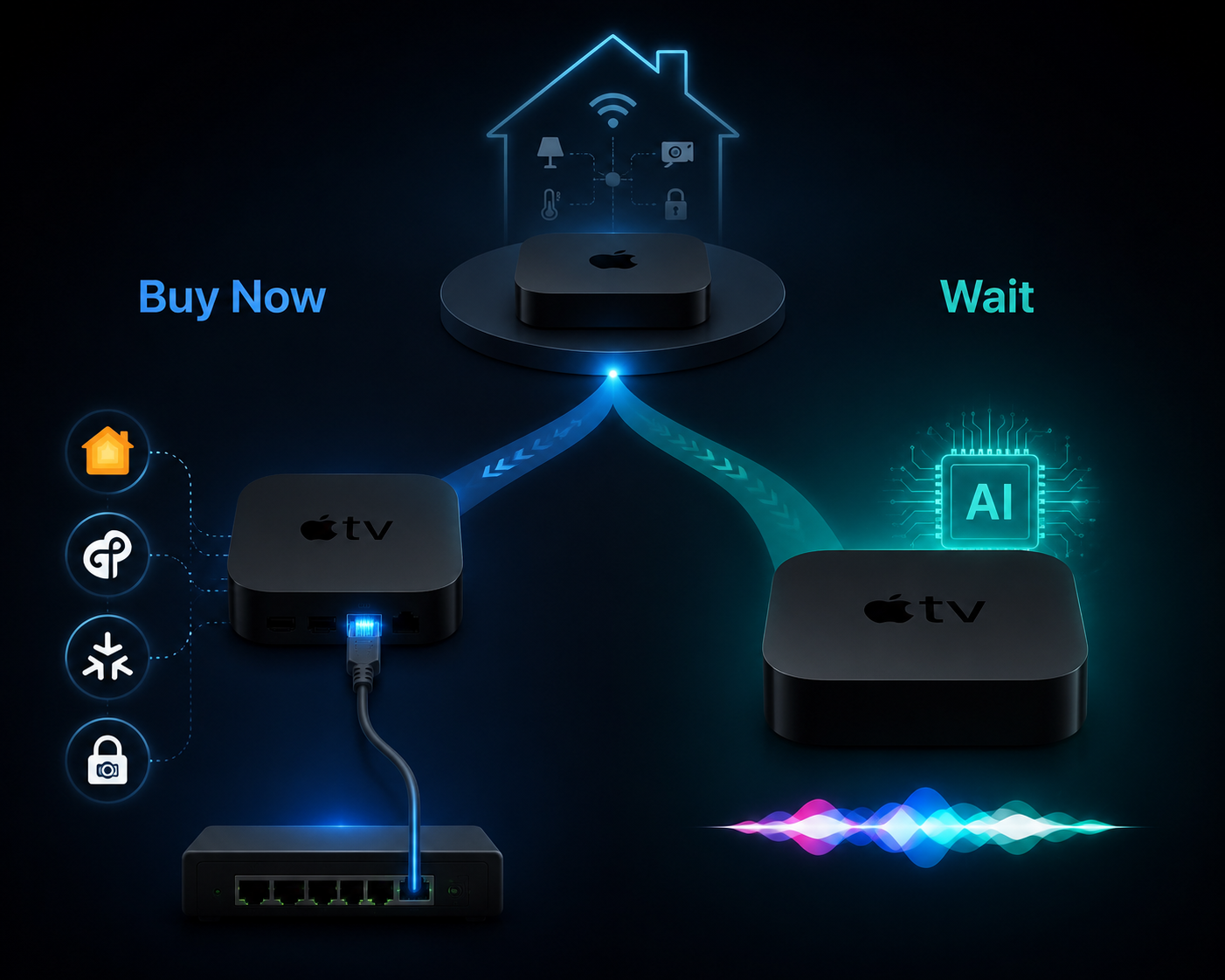 Decision fork between buying the current Ethernet Apple TV 4K for HomeKit, Thread, Matter, and HomeKit Secure Video or waiting for future Apple Intelligence features