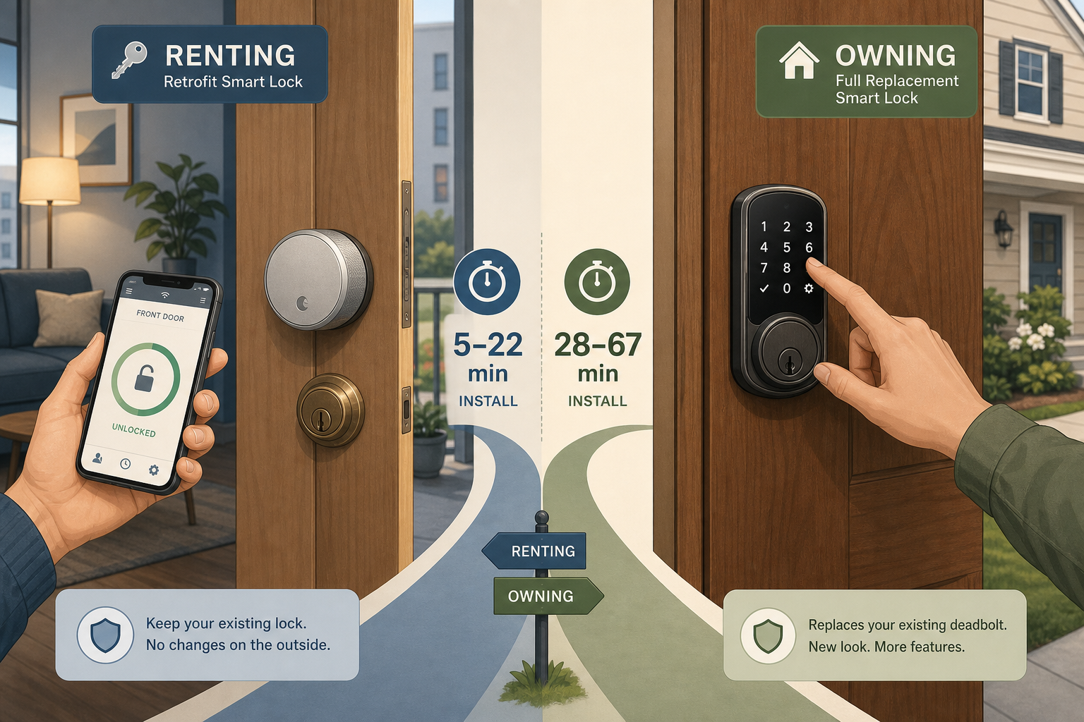 Split-composition editorial illustration showing two smart lock paths: left side shows a round retrofit module mounted over an existing deadbolt with a smartphone nearby for app control, right side shows a full replacement deadbolt with a touchscreen keypad on a wooden door.