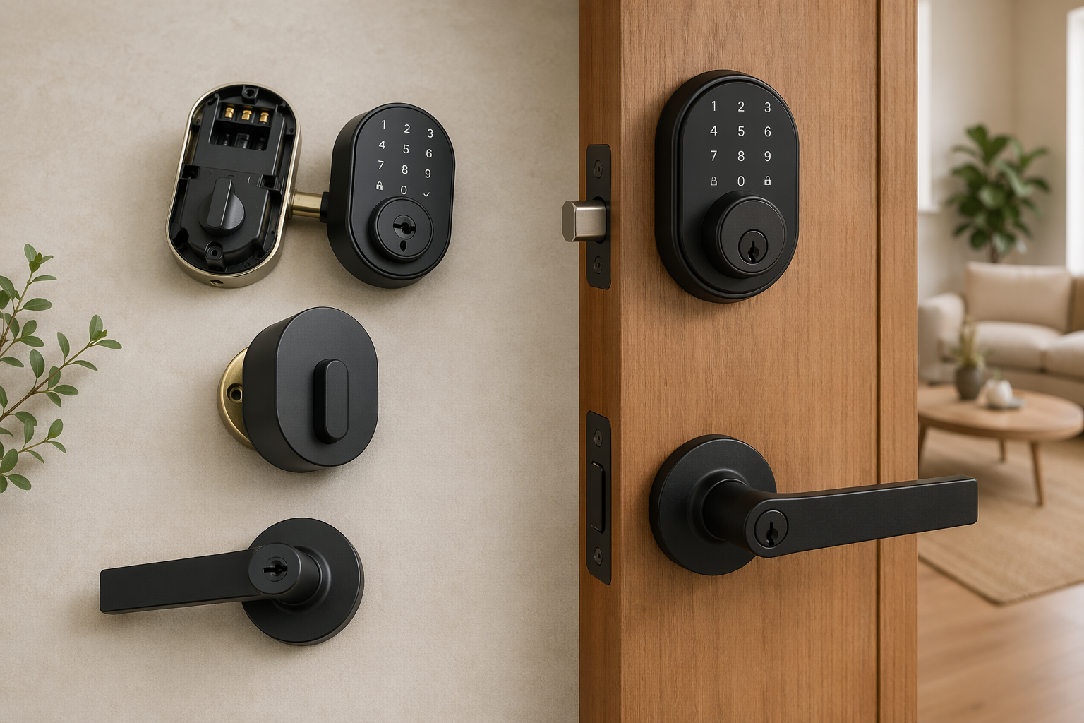 Three smart lock installation types shown around a partially open wooden front door