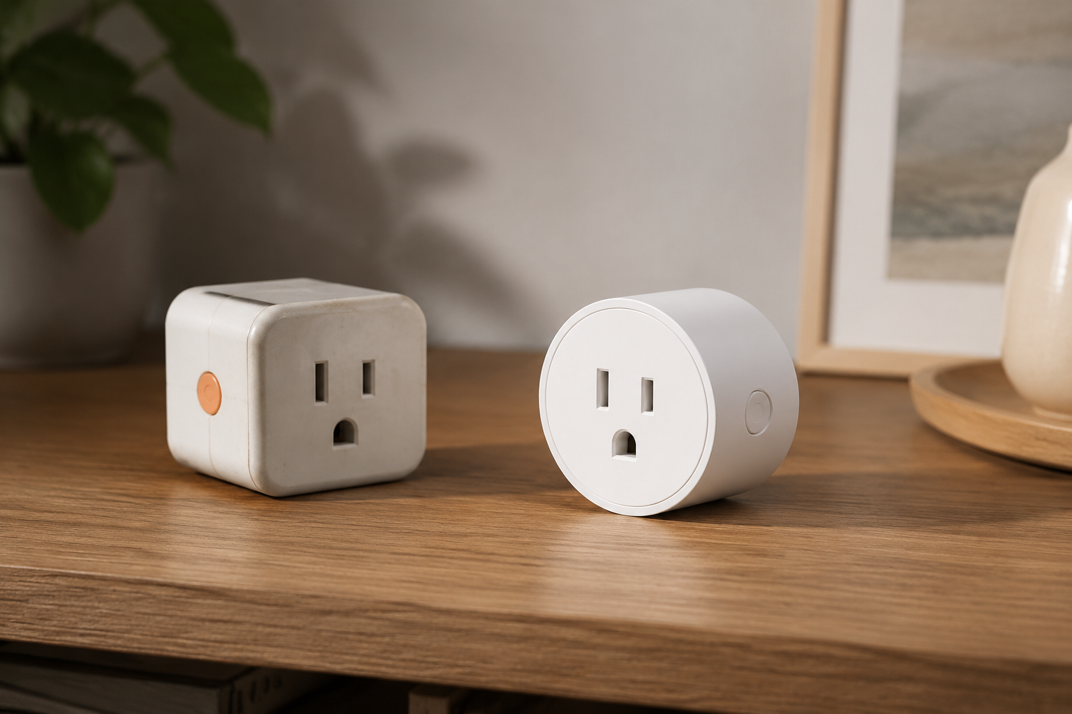 Older white smart plug beside a newer slim white smart plug on a wooden desk