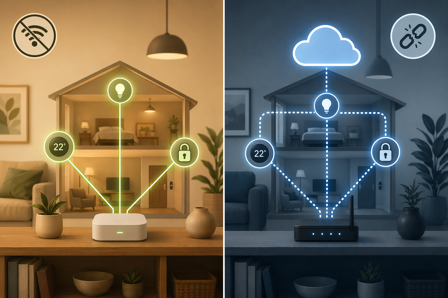 Local-processing smart home hub contrasted with a cloud-dependent smart home setup