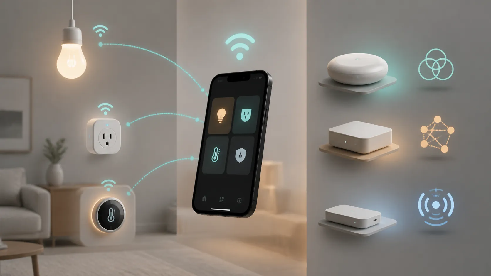 Smartphone connected by Wi-Fi to smart devices while separate hub devices sit apart