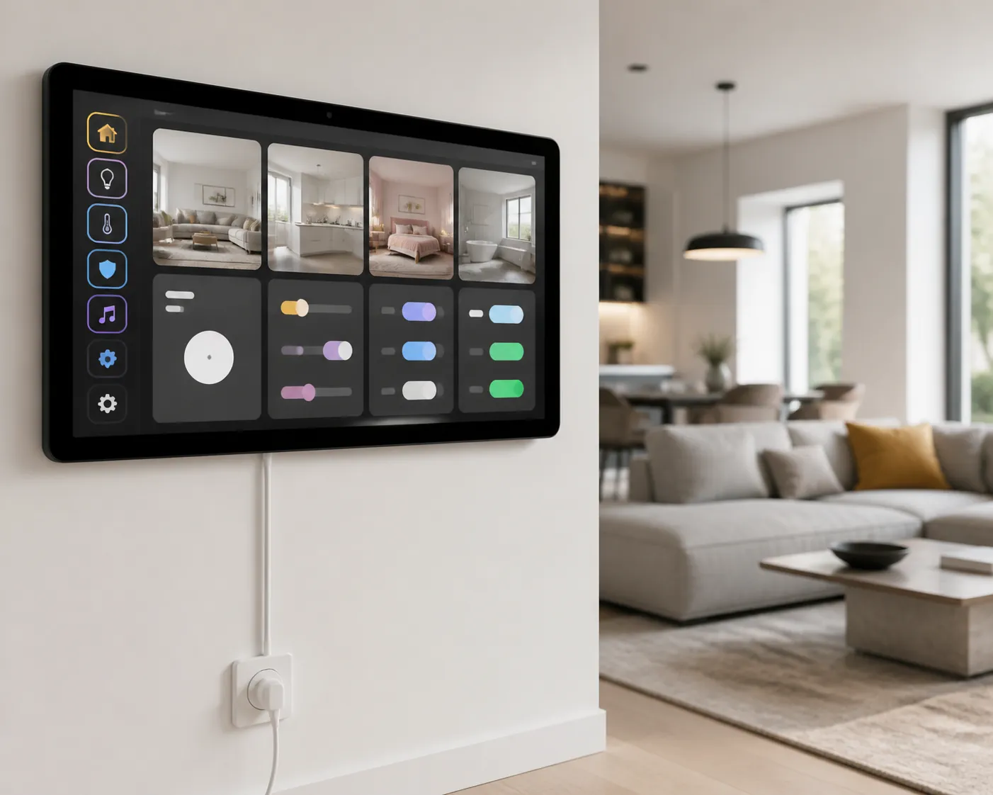 Large Android tablet mounted on a wall and showing a smart home dashboard with a visible power cable