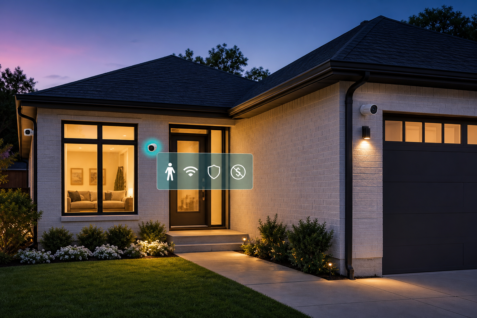 Modern residential home exterior at dusk with three smart security cameras visible near the front door, garage corner, and side yard, with a translucent UI panel showing AI detection and privacy icons.