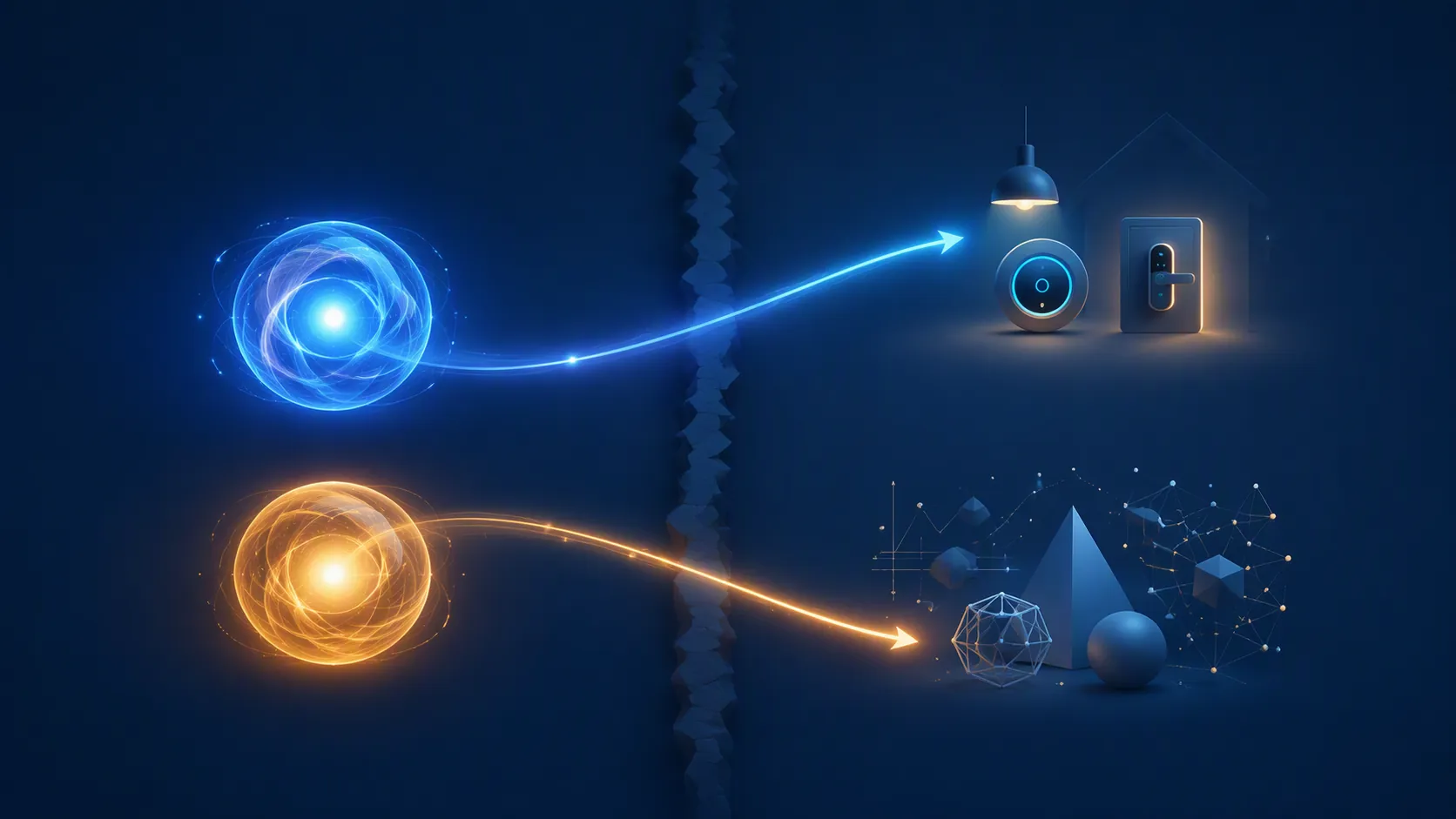 Two glowing AI orbs diverging toward smart-home icons and abstract research forms