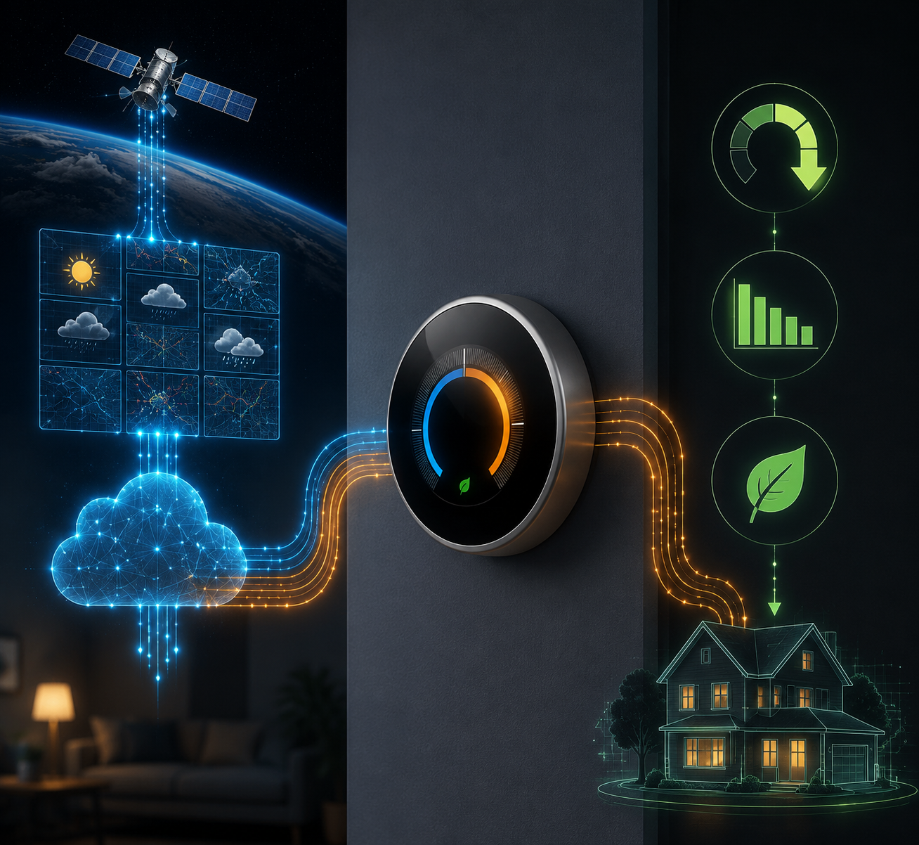 Smart thermostat receiving weather and forecast data through a cloud service layer and converting it into home energy savings