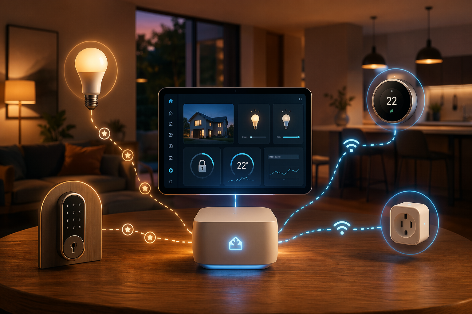 Modern living room with a Home Assistant dashboard and Matter-compatible smart devices connected by Thread mesh and Wi-Fi signals