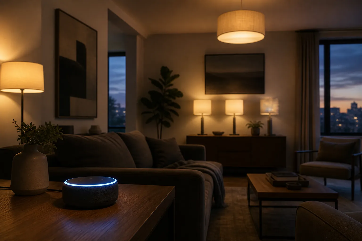 A smart speaker in a living room where one lamp in a smart lighting group appears dimmer and unstable