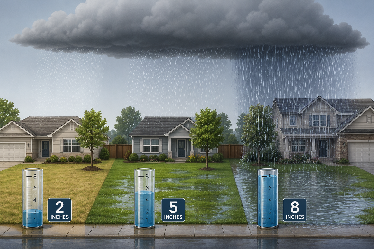 Three nearby suburban homes under one storm cloud with rain gauges showing 2 inches, 5 inches, and 8 inches