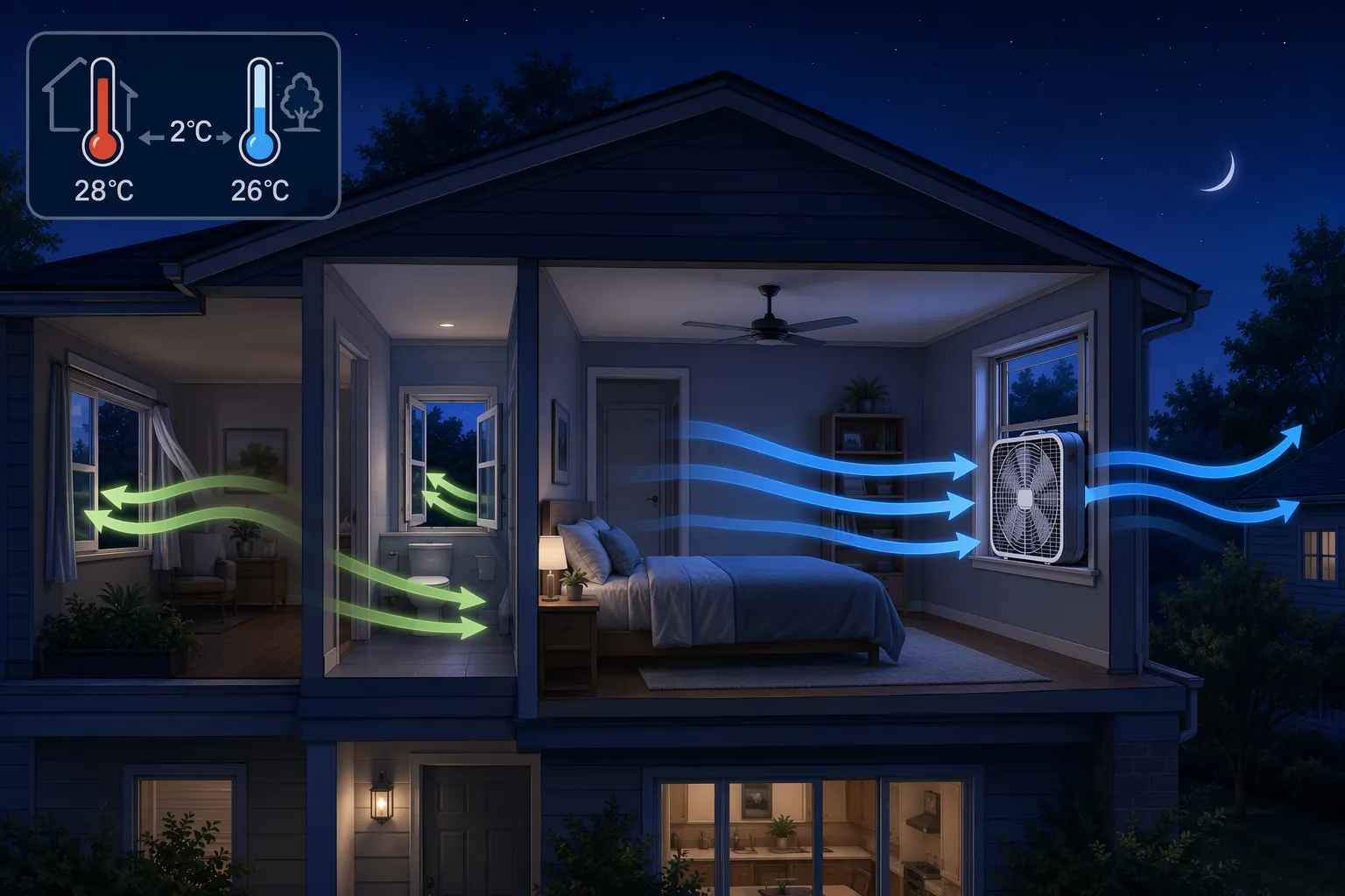 Night ventilation diagram with a box fan exhausting warm indoor air while cooler outdoor air enters through other windows
