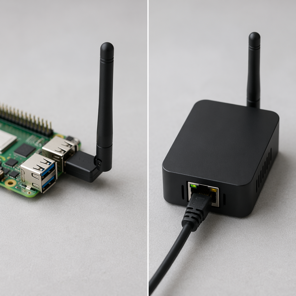 USB dongle with antenna beside a compact PoE Ethernet device for Home Assistant Thread placement comparison