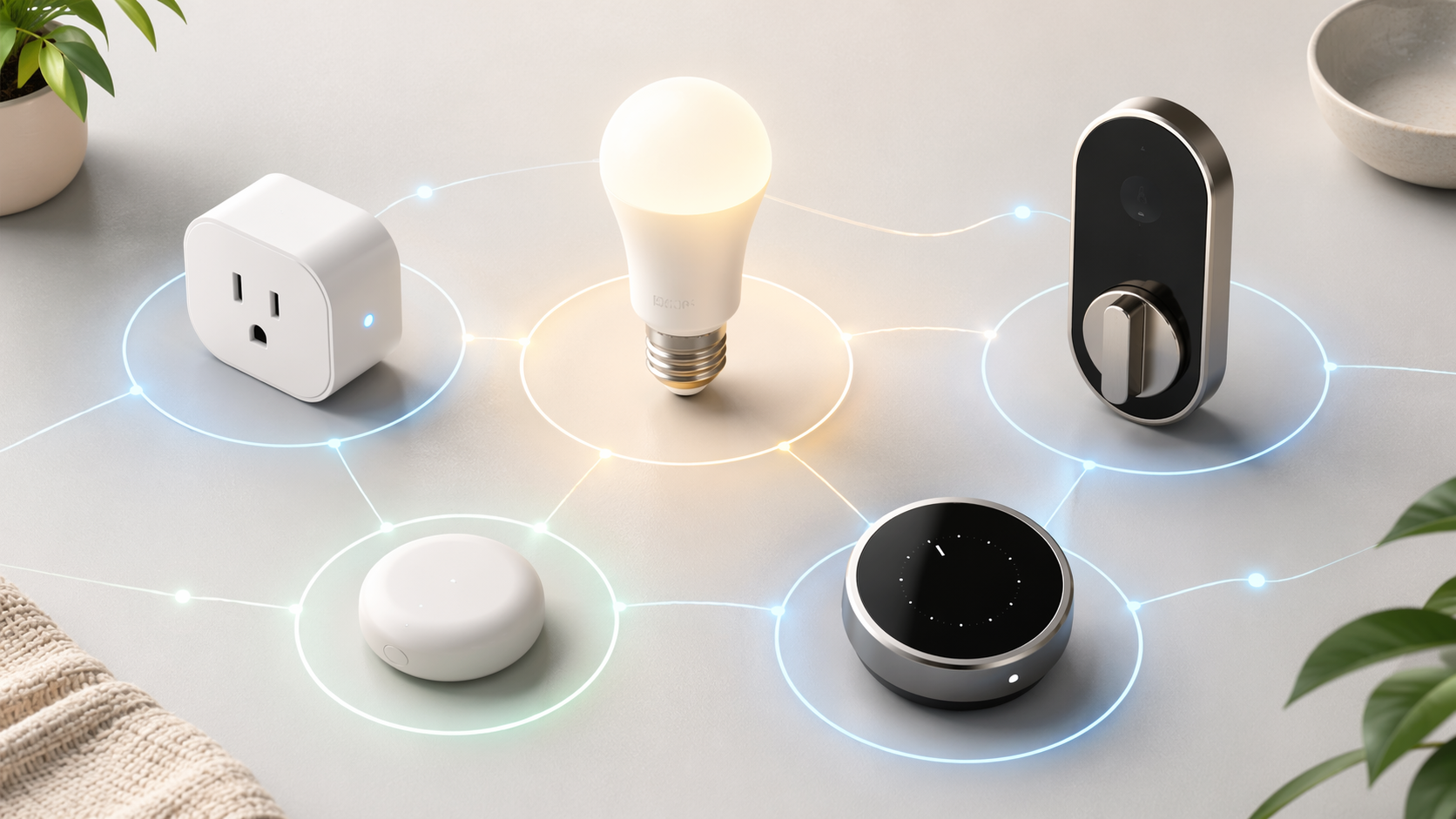 Flat-lay arrangement of a smart light bulb, smart plug, door lock, sensor, and thermostat connected by subtle network lines