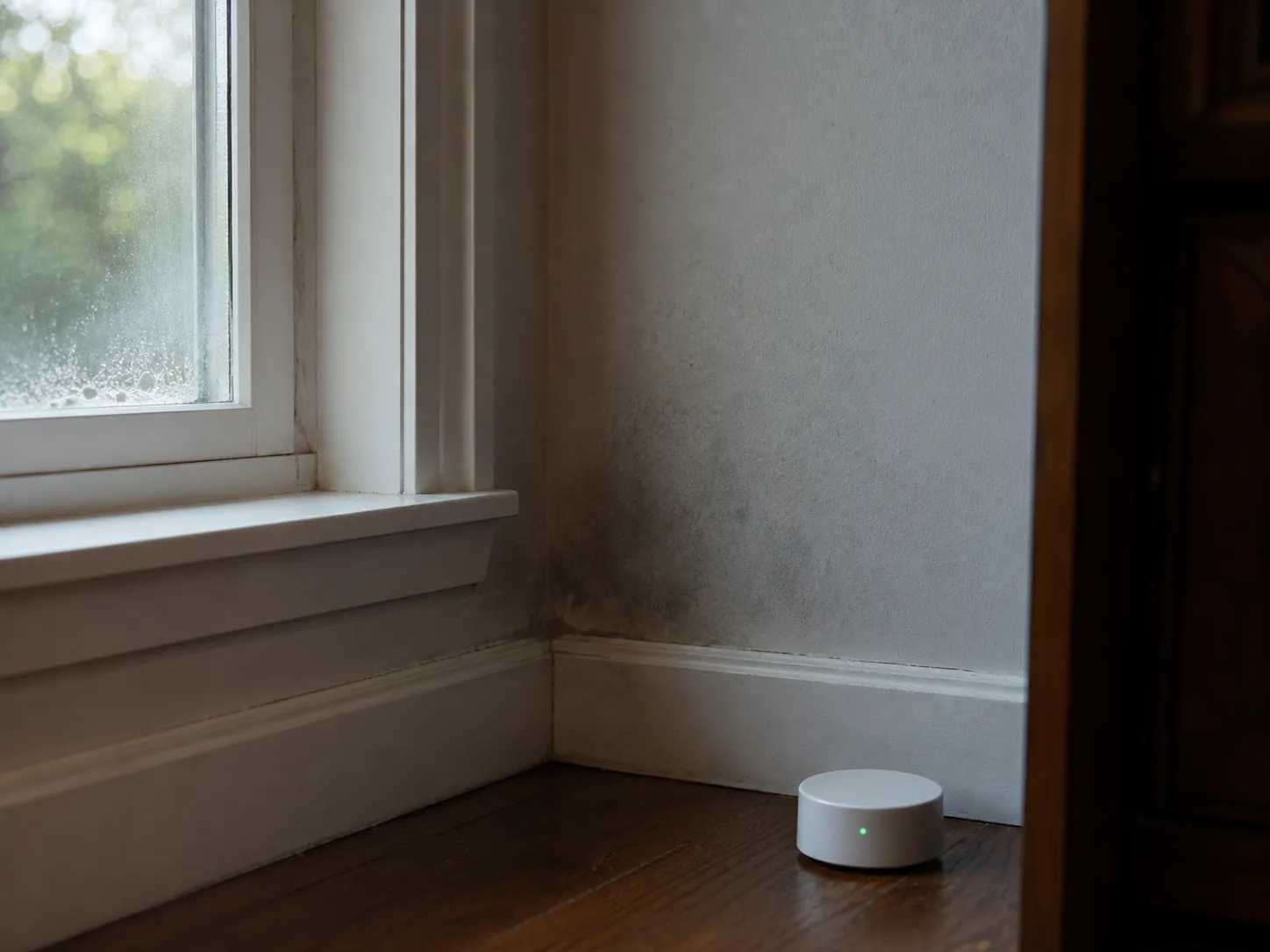 Damp drywall near a window with a small circular humidity sensor on the floor
