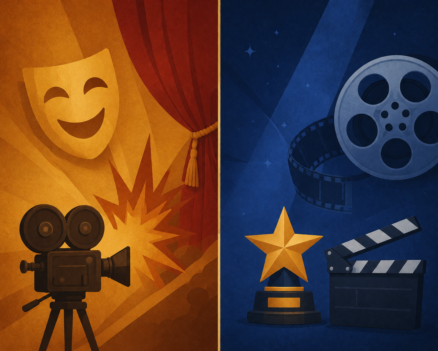 A split illustration contrasting varied free streaming movie choices with classic cinema icons