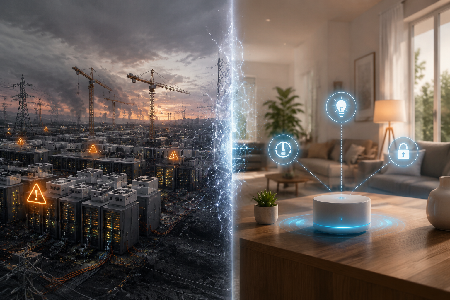 Conceptual split between a congested data center construction site and a warm smart home with a glowing local hub