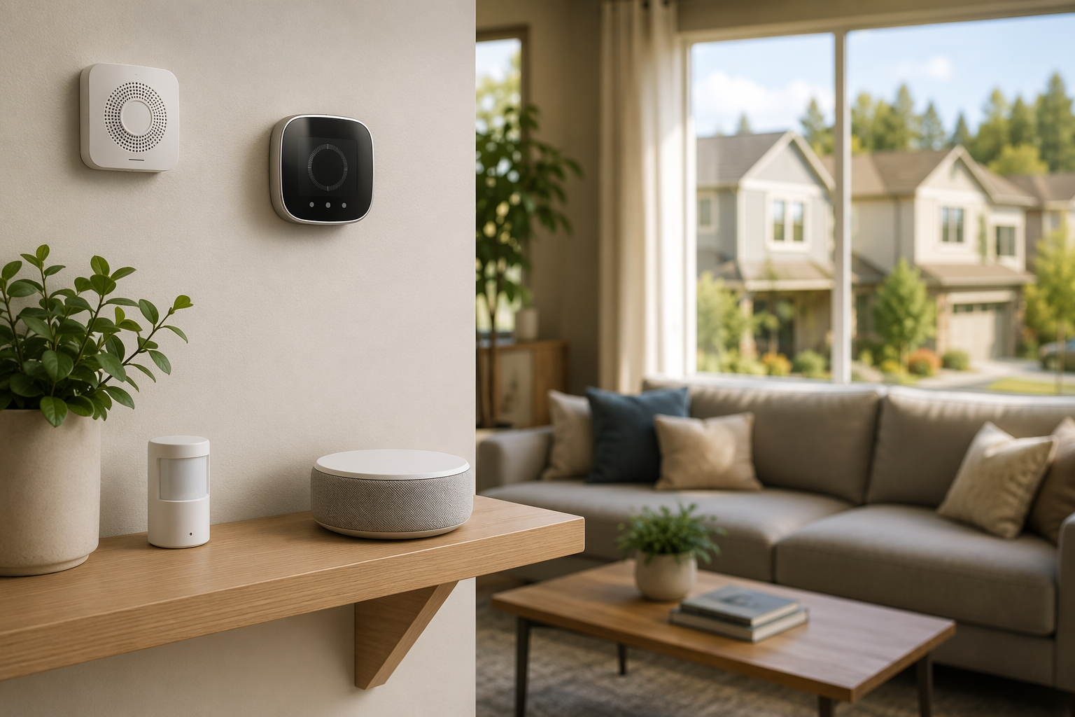 Smart home hub and compact sensor in a prepared modern living room