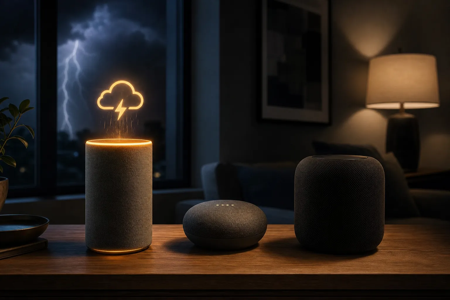 Three smart speakers in a stormy living room, with an Echo-style speaker glowing while Nest-style and HomePod-style speakers remain dark
