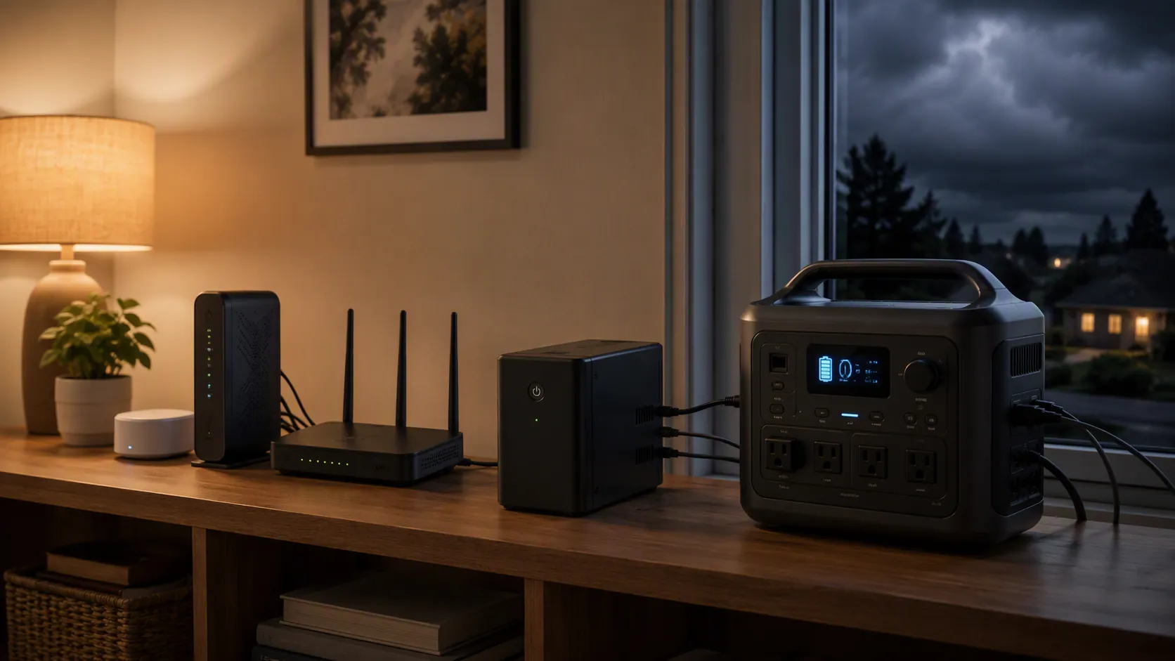 Home network shelf with a modem, router, smart home hub, UPS, and portable power station near a stormy window