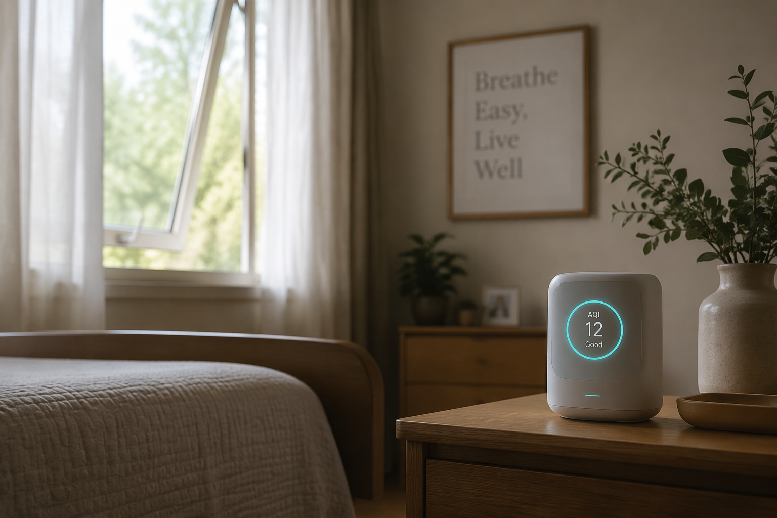 Quiet bedroom with an air quality monitor on a nightstand near a slightly open window
