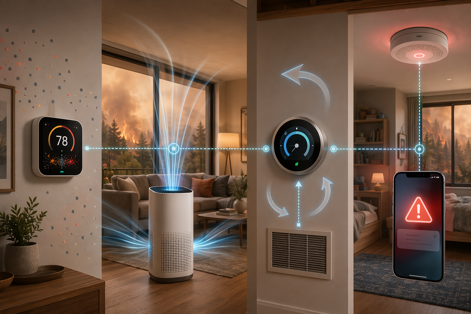 Modern home cross-section showing an air quality monitor, HEPA purifier, smart thermostat, and smoke alarm connected during wildfire smoke