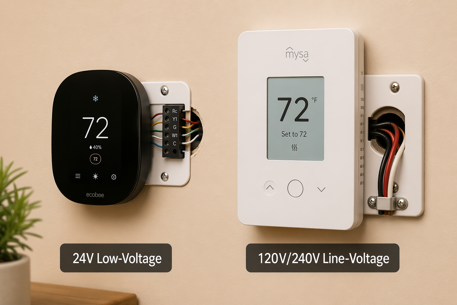 Side-by-side comparison of a low-voltage thermostat with thin wires labeled '24V Low-Voltage' and a line-voltage thermostat with thicker wires labeled '120V/240V Line-Voltage'