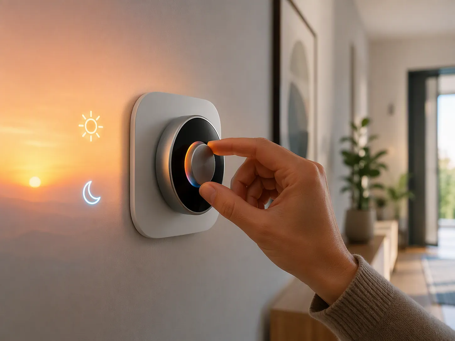 A hand adjusting a smart thermostat with sun and moon icons nearby