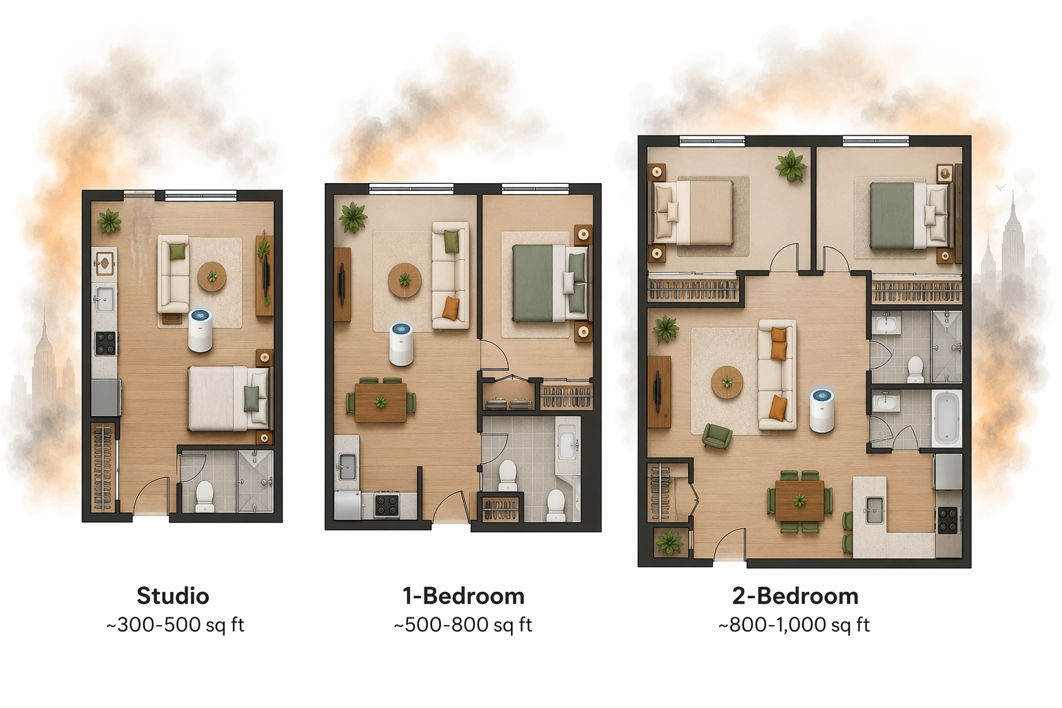 Illustrated NYC studio, 1-bedroom, and 2-bedroom floor plans with air purifier placement icons