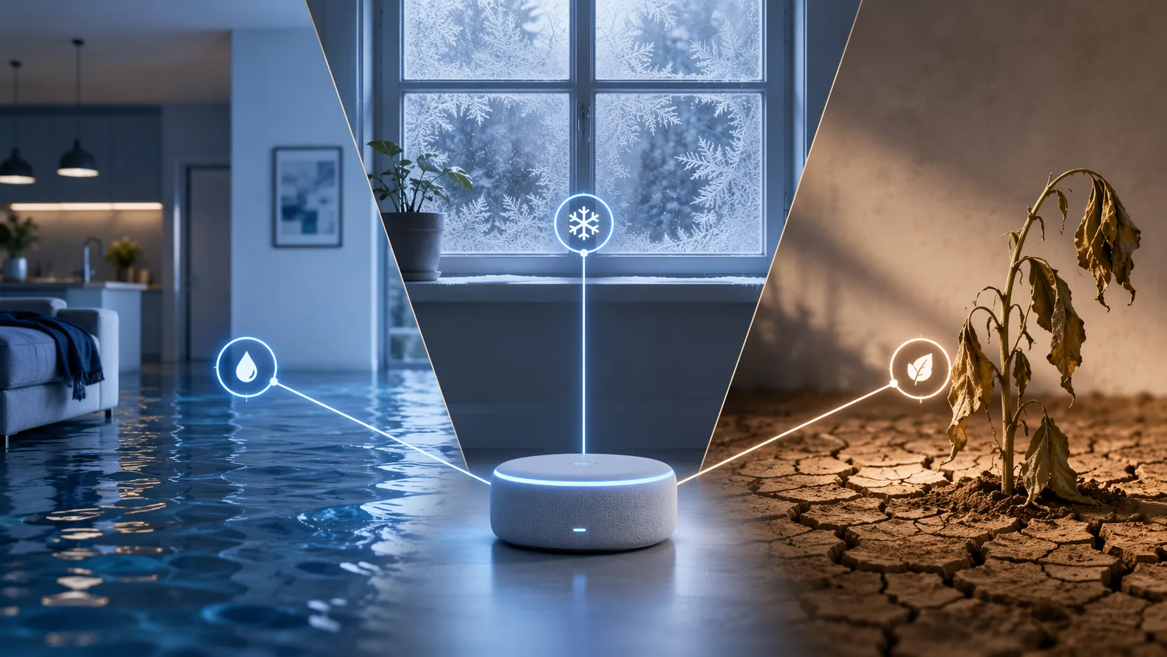 Smart home hub connecting flood, freeze, and drought monitoring zones