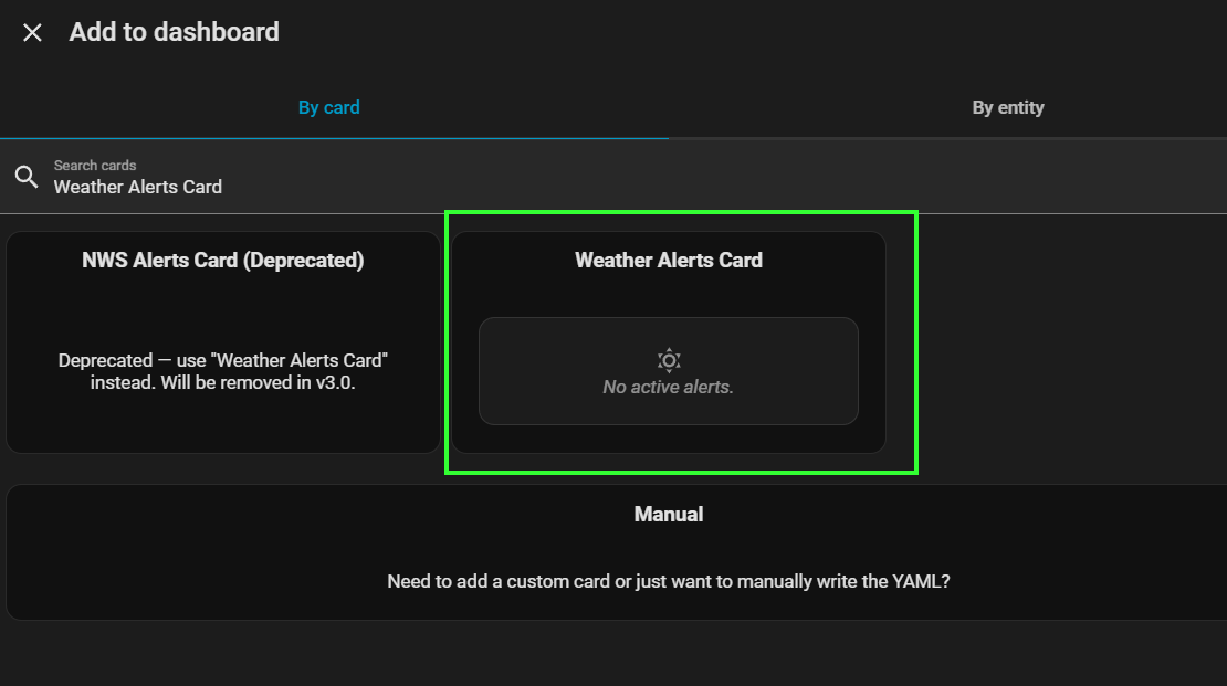 Home Assistant dashboard showing NWS alert entities with event, severity, headline, and area fields