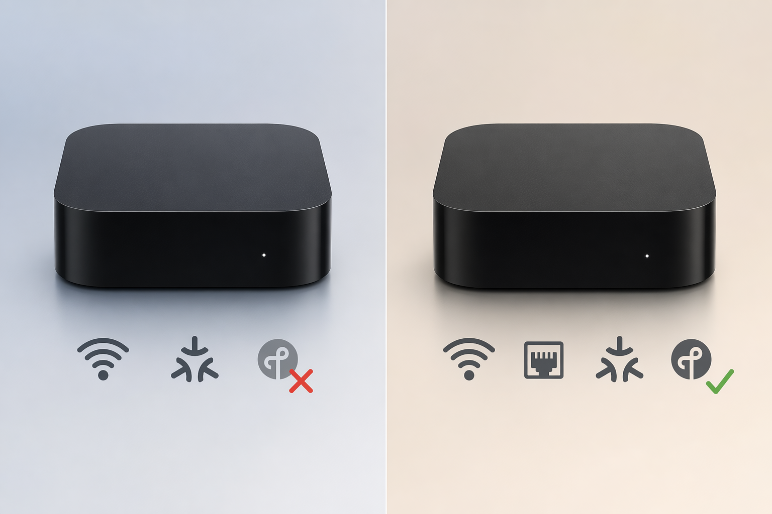 Side-by-side Apple TV comparison showing Wi-Fi-only Matter support without Thread and Wi-Fi plus Ethernet support with Thread