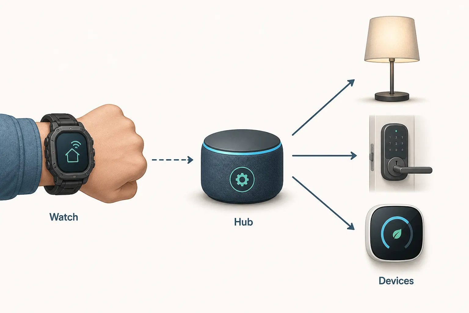 Illustration of a smartwatch sending commands through a smart home hub to a lamp, door lock, and thermostat