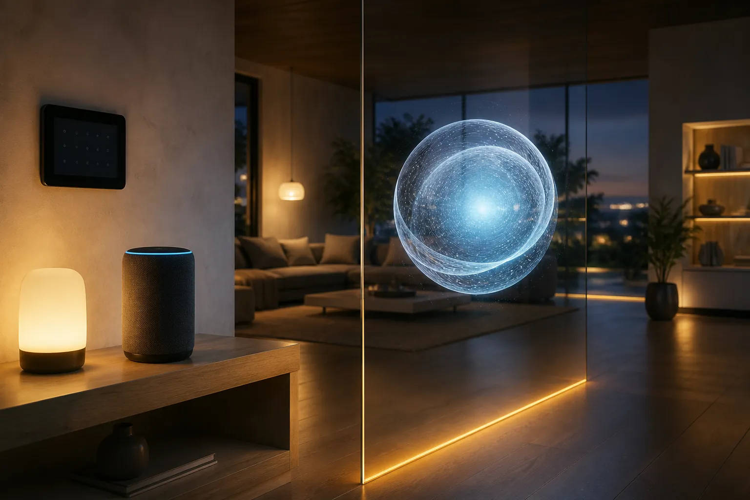 Smart home living room with an AI assistant sphere separated from connected devices by a glass barrier