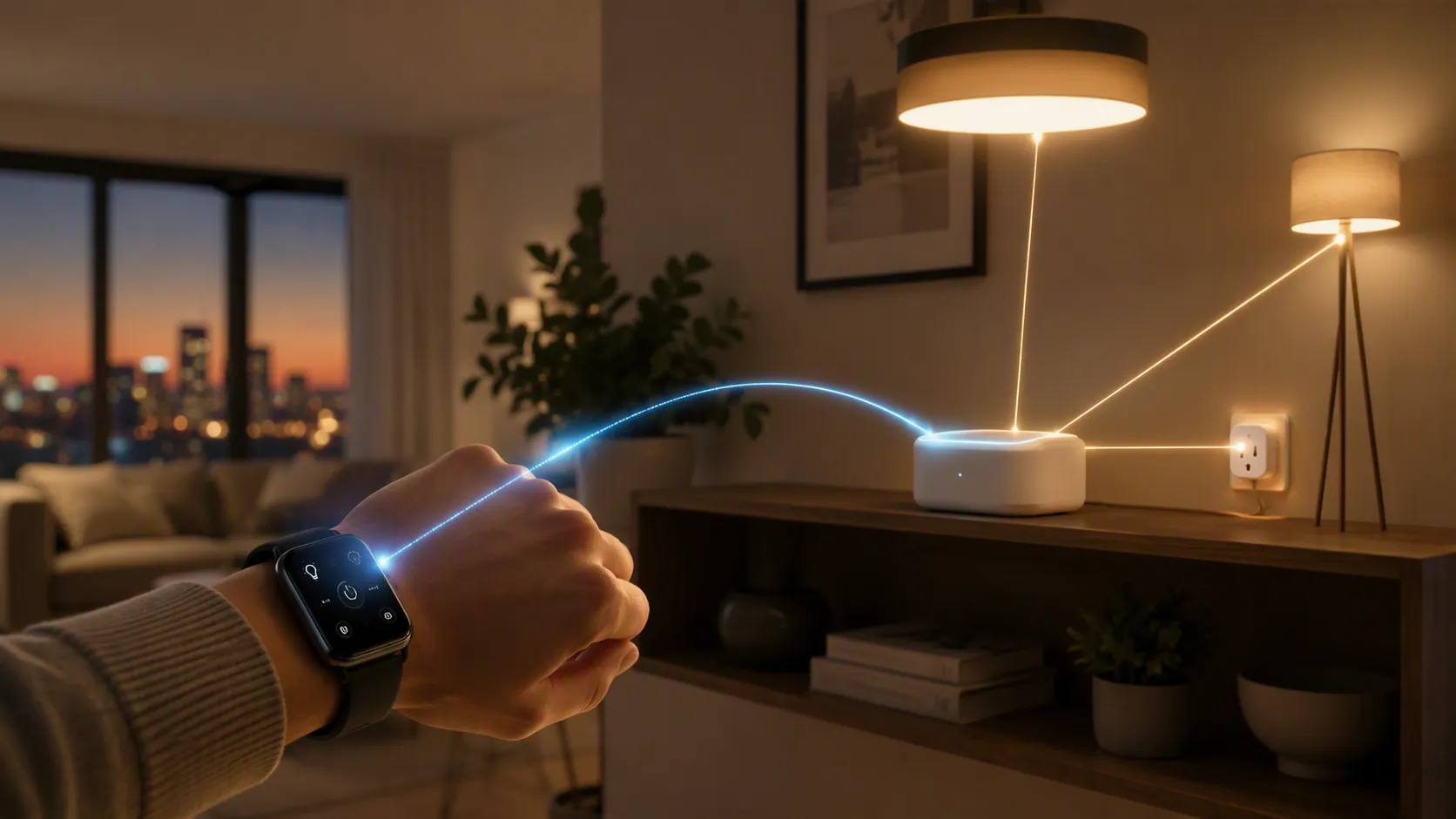 Smartwatch on a wrist connected to a smart-home hub that controls lights and a wall plug