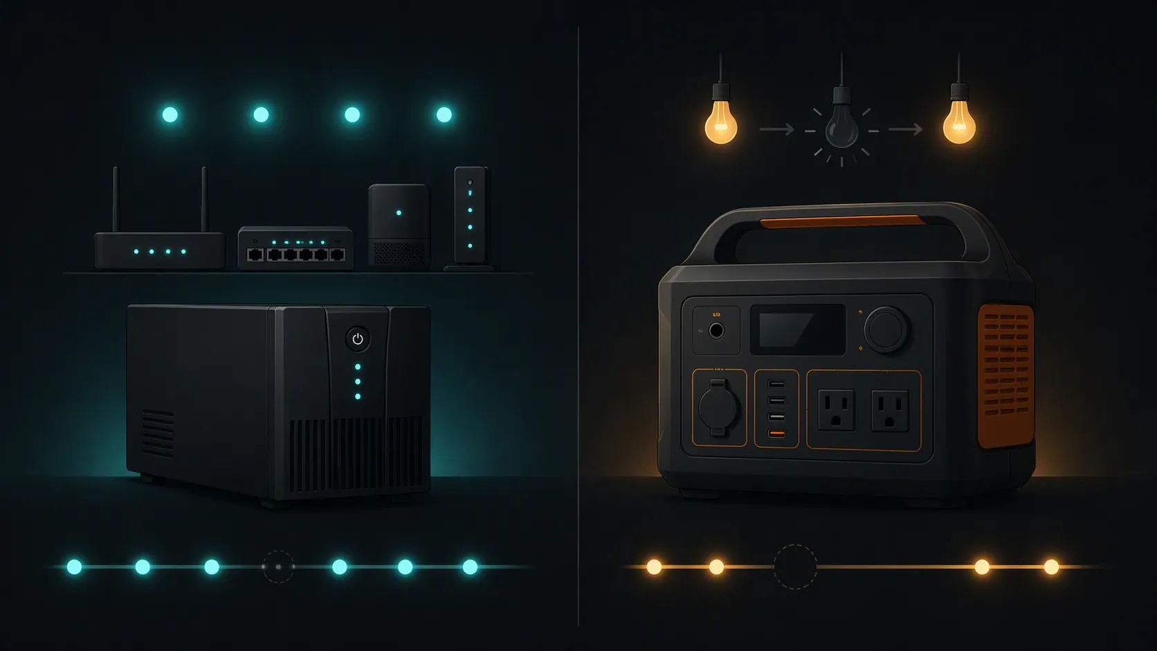 Split-screen comparison showing a UPS with an almost invisible transfer gap and a portable power station with a wider switchover gap