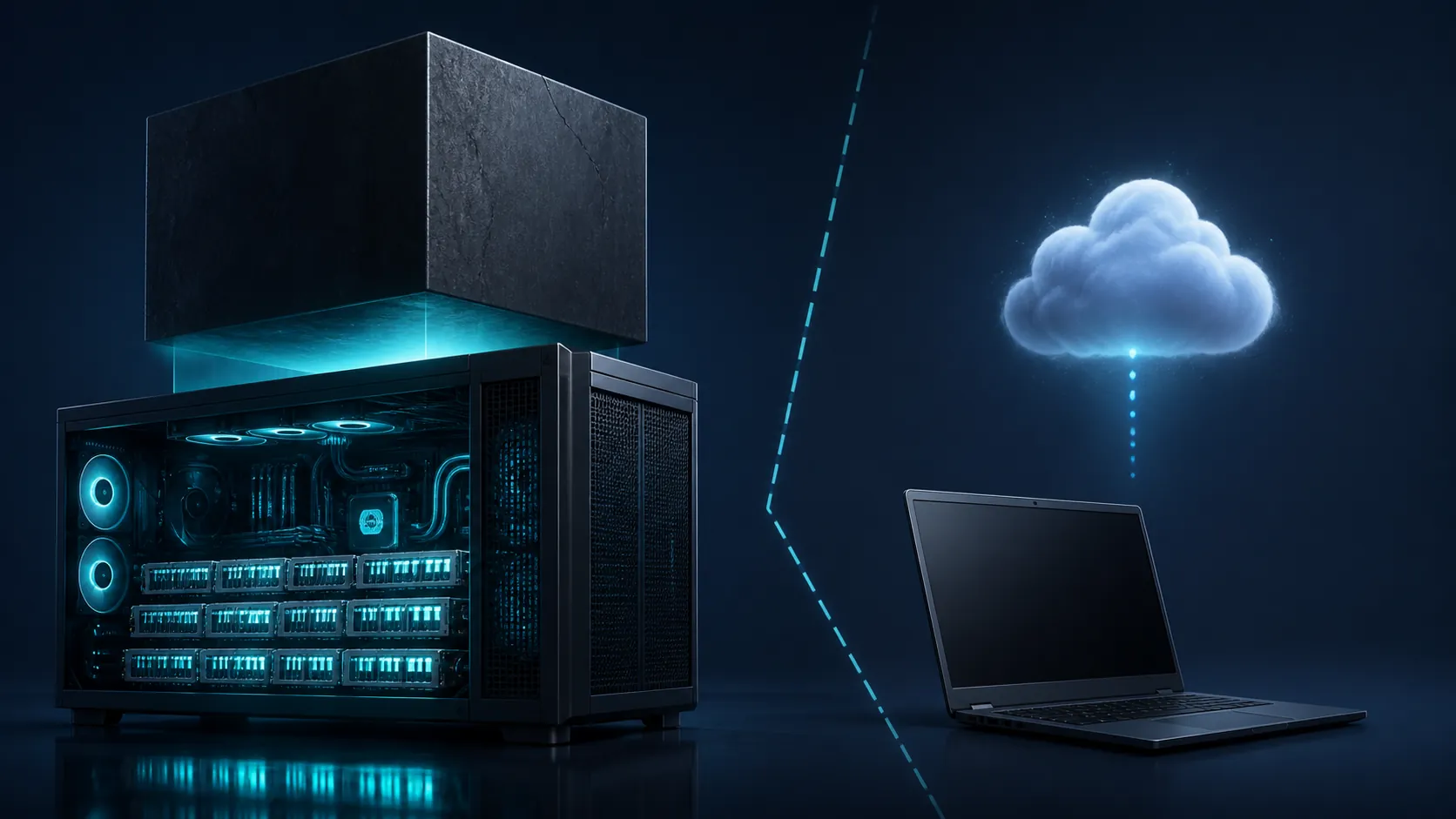 A hardware capacity gate showing a large local workstation handling the full model while a small laptop is separated toward a cloud alternative