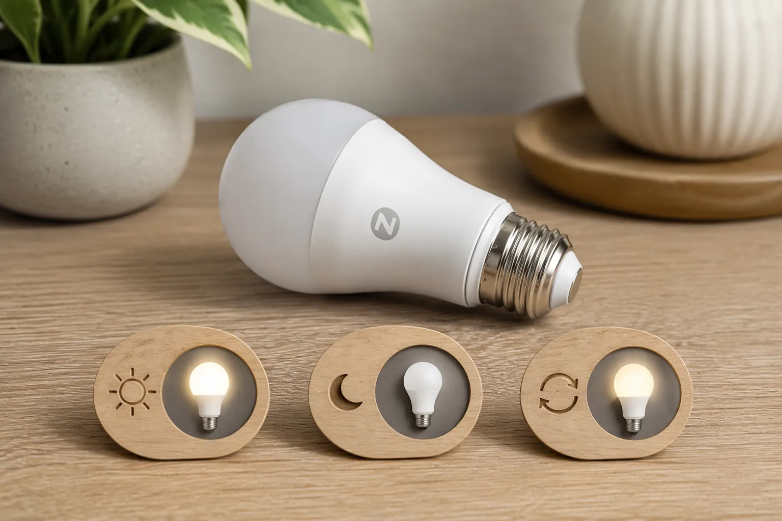 Smart LED bulb with icons for full-on, stays off, and returns to last state power-on behavior