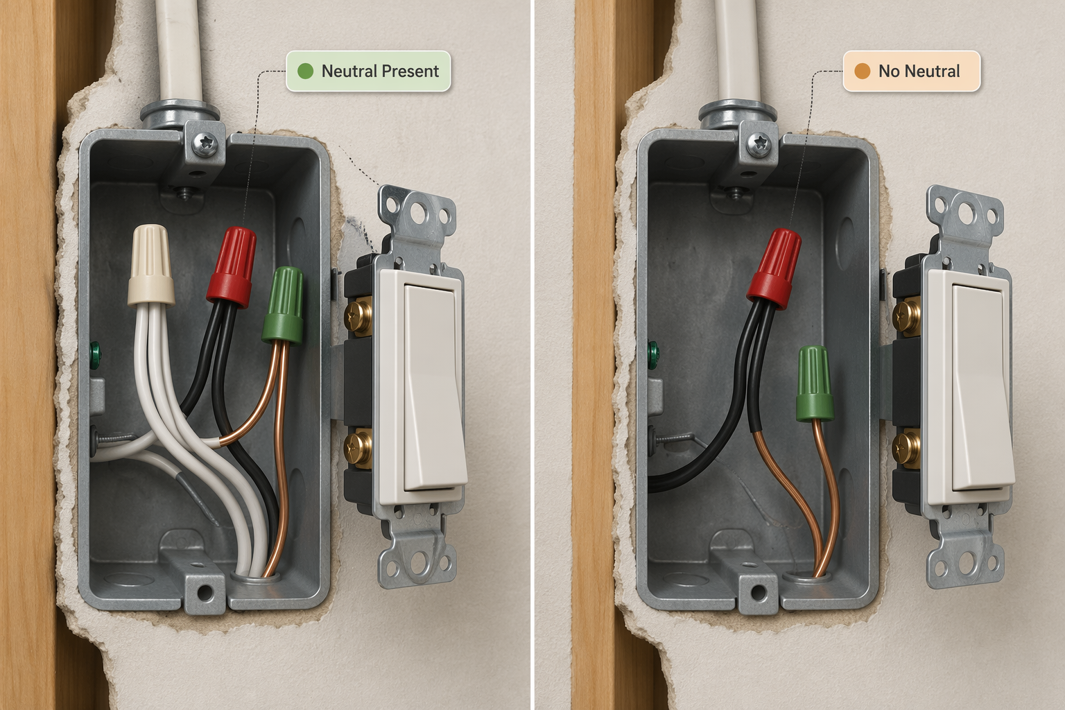 Comparison of switch boxes with neutral present and no neutral wiring
